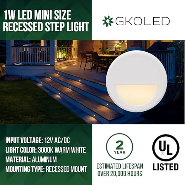 GKOLED 12 Pack Recessed Low Voltage Mini Size LED Step Riser Light, ¦µ1 Halfmoon Landscape Lighting for Outdoor Deck Stair Railing Post, 12V 3000K Die-cast Aluminum, White