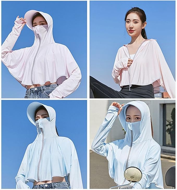 Dayalu Women Polyester Sun Protection Jacket Upf 50+ Long Sleeve & Wide Brim Hat Light Weight Full Zip Up Outdoor Running Hiking Hoodie With Face Mask (Blue), Free Size 2