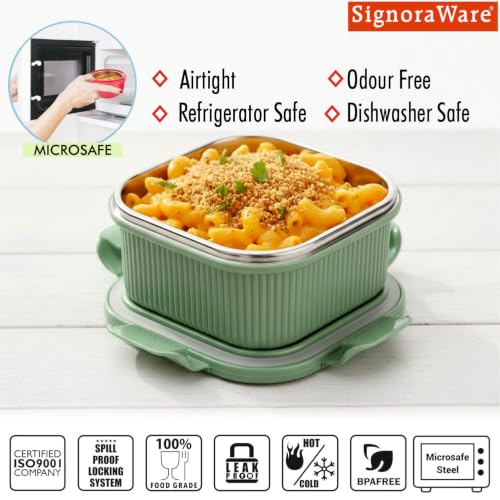 Image of Signoraware Lock N Store Microsafe Steel Square Container+ Lid(400ml,Egreen)
