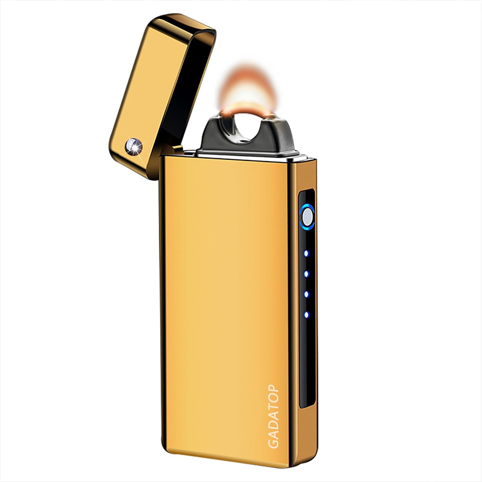 GADATOP Briquet Électrique Or Luxury, Briquet Plasma à Arc Unique en Métal Haute Densité, Affichage LED, Rechargeable USB-C, Briquet Tempête Coupe-Vent, pour Homme et Femme (Or Poli)