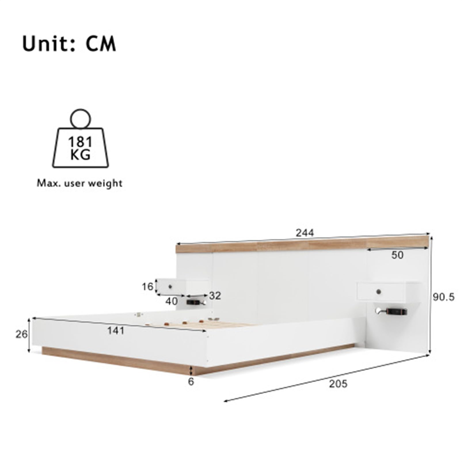 Letto Legno Con Testiera Composta Da Giroletto E Rete A Doghe Letto Matrimoniale Per Adulti Letti Galleggiante Familiare Per Camera Da Letto Per Gli Ospiti Bianco 140x200 Con 2 Comodini LED