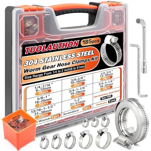 Image of 185Pcs 304 Stainless Steel Worm Gear Clamps Assortment Kit 1 /4 inch-2(6-51mm), with 10FT Metal Strap+8 Stronger Fasteners for Automotive, Plumbing, Marine & DIY