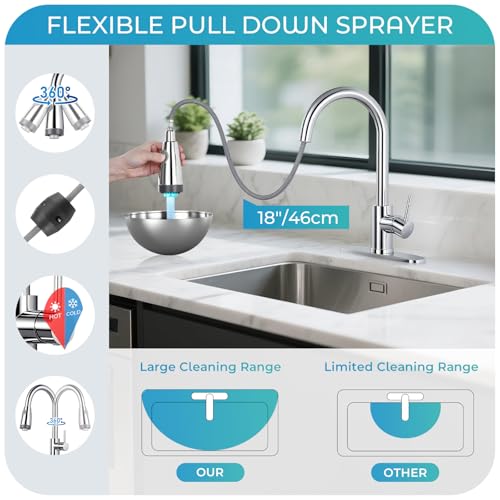 Image of LED Kitchen Faucet with Pull Down Sprayer - Polished Chrome Single Handle Kitchen Faucets, High Arc Stainless Steel Pull Out Kitchen Sink Faucet with Deck for RV Laundry Farmhouse Bar