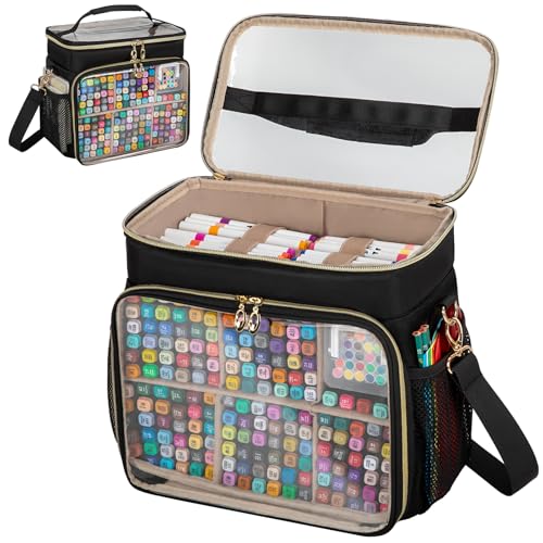 Wigojoy Large Marker Organizer Case for 200-300 Markers Double-Layer Marker Bag with Removable Dividers Marker Organizer for Markers Pencils Crayons or Other Art Supplies Black (Bag Only)