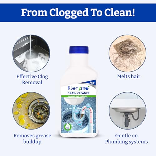 Image of Klenzmo by Kleenest Drain Cleaner Liquid - 400ml (Pack of 2) | Clears Blockages in Pipes, Sinks & Septic Tanks | Dissolves Grease, Hair & Soap Scum | Fast-Acting, Pine-Scented & Safe for Plumbing