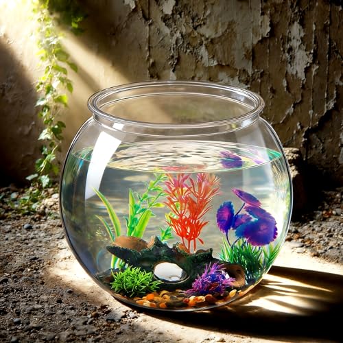 Image of 3 Gallon Plastic Betta Fish Bowl with 6 Pcs Artificial Plastic Plants and 500g Decorative Gravel, Betta Fish Tank and Decoration Accessories Small Large Bowl Ornaments Starter Kit