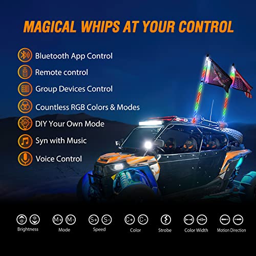 Image of Nilight 2PCS 4FT RGB LED Whip Lights, Remote App Control w /DIY Chasing Patterns Stop Turn Reverse Modes Safety Lighted Antenna for ATV UTV Polaris RZR Can-am Dune Buggy Jeep