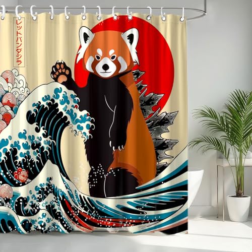 Image of Funny Cute Red Panda Shower Curtain, Japan Animal Ocean Sea Wave Fabric Shower Curtains Set, Japanese Art Shower Curtains with Hooks, Kids Bathroom Art 72x72inch