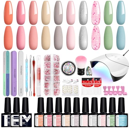 Phoenixy Uñas Semipermanentes Kit Completo 10 Colores Kit Uñas de Gel con 36W U V/LED Lámpara Set de Manicura para Principiantes
