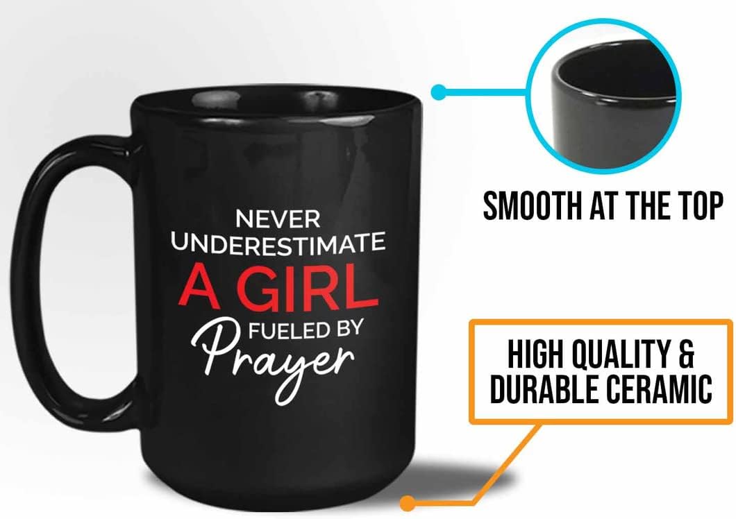 Bubble Hugs Never Underestimate Coffee Mug 15oz Black - Girl Fueled by Prayer - Man Religious Women Coworker Student Cycling Christian Granfather Music Lover Atheletes Medical Healthcare