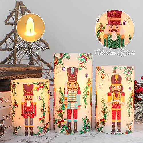 Image of Nutcracker Christmas Flameless Candles Battery Operated Flickering LED Candles with Remote Timer, Real Wax Pillar Candles for Holiday Party Home Decoration Christmas Gifts, Set of 3