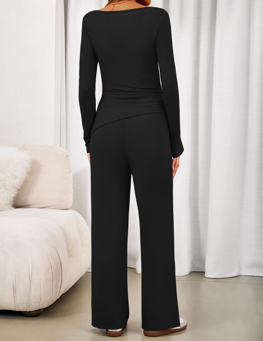 ZESICA Womens 2026 Spring Summer Asymmetrical Lounge Sets Long Sleeve V Neck Top Wide Leg Pants 2 Piece Matching Set Outfit - Image 4