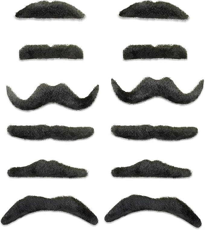 Set di 12 Baffi Neri Finti Assortiti I Accessorio Autoadesivo per Travestimenti I Bandito Messicano Gangster Pirata Idraulico Freddie Anni '70 '80 I Carnevale Halloween