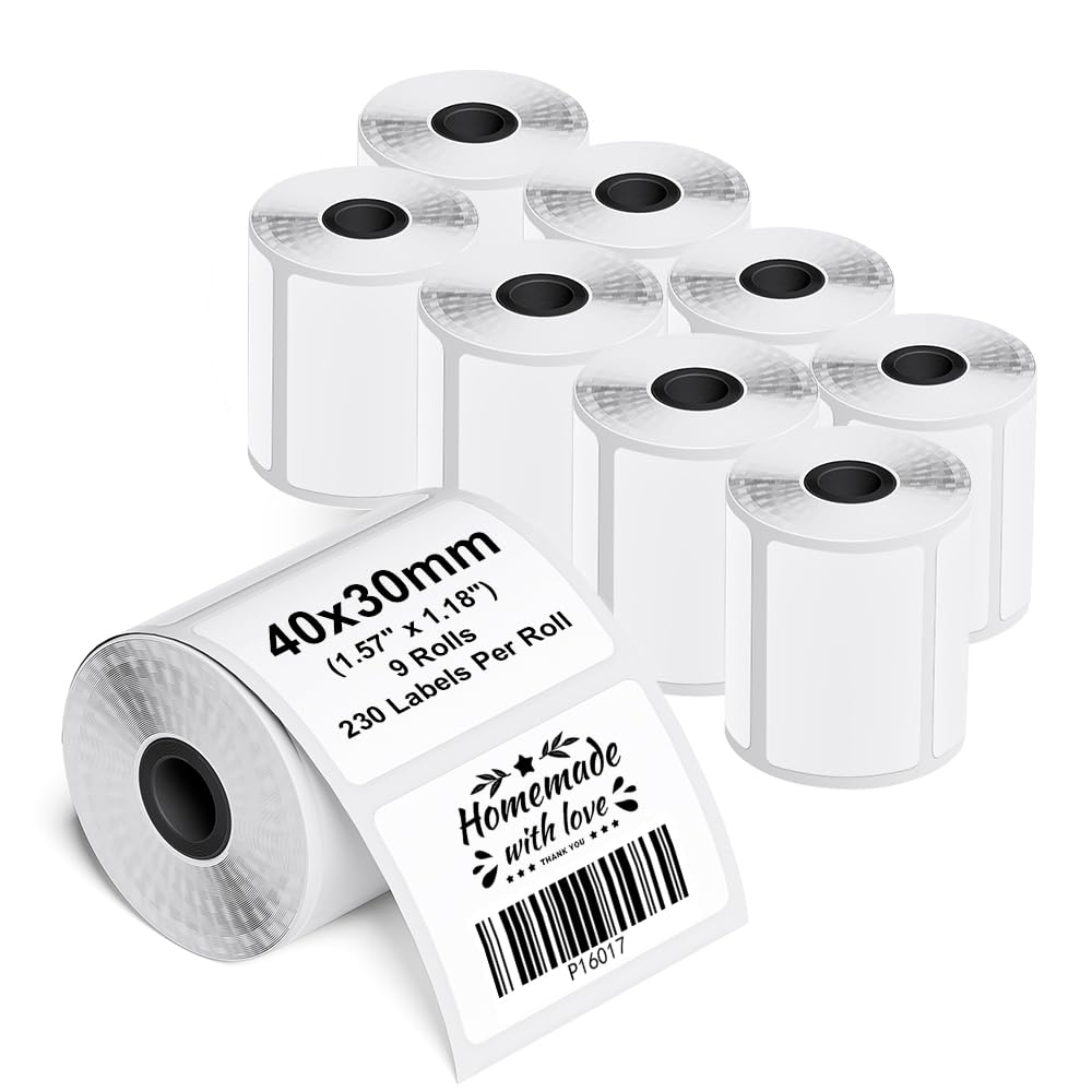 Phomemo M110/M200/M220/M221 termiczny etykiety samoprzylepne, 1.57"x1.18"(40x30mm) Papier do etykiet Phomemo M110/M200/M220/M221. 230 etykiet na rolkę. (9 Rolki)