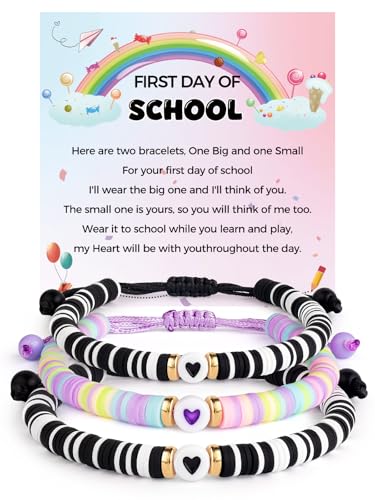Image of First Day of School Mommy and Me Matching Bracelet Set kindergarden Pre-K Back to School Gifts Adjustable Heart Clay Bead Jewelry for Mother Daughter Dad Son