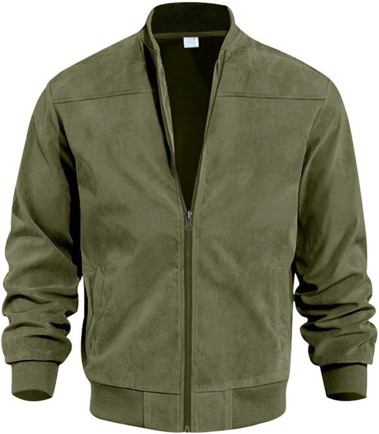 CNSTORE Jaqueta Bomber Masculina de Camurça Sintética Gola Ribana Lisa Com Zíper Jaqueta Casual Esportiva de Manga Longa para Primavera e Outono