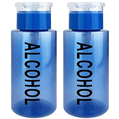 PANA Liquid Push Down Pump Dispenser Empty Bottle with Flip Top Cap (7 Ounce - 2 Bottles, Blue (Alcohol))