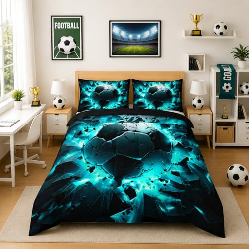 Image of Nttopship Soccer Bedding Comforter Set Full Size for Kids Teens and Adults, Turquoise Black Football Printed Bedding Sets 3 PCS,Ball Sports Themed Bedroom Decor with 1 Comforter and 2 Pillowcases
