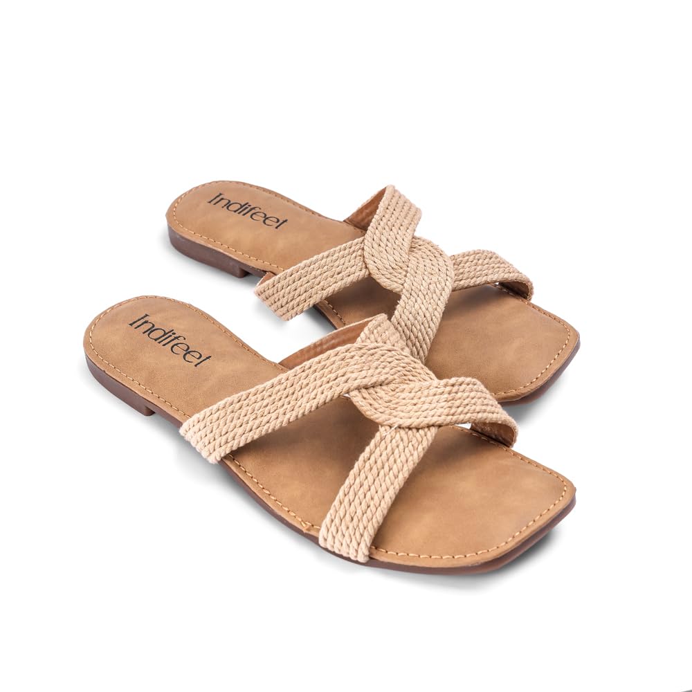 Indifeet Flat Jute Sliders for Women Stylish Footwear Belt Slippers Girls Womens Comfort Beach Open Toe Foot Wea New Latest Ladies Flats Support Strap Slides Design Beige (B0CNXCC1Y3) Amazon Price History, Amazon Price Tracker