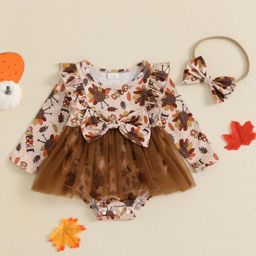 Thanksgiving Baby Girl Outfit Infant Fall Romper Dress Turkey Pumpkin Print Bodysuit Tutu Dresses Newborn Clothes2