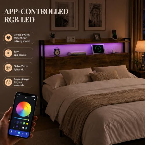 Image of Full Size Headboard with Storage Shelf, Charging Station, Adjustable Height | Particle Board & Metal Frame, for Bedrooms, 55 In Storage Shelf, 2 Outlets & 2 USB Ports, Adjustable Height, Rustic Brown