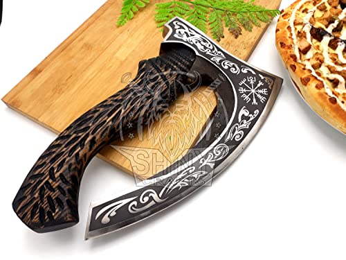 SHINY CRAFTS -Axes viking axe real weapon mens axes gifts for him- with Black Etching Authentic Medieval Pizza Cutter Axe, Norse Pizza Axe Gift, Carbon Steel Viking Axe with Sheath (SCA-027)