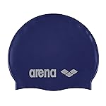 Arena Classic Unisex Soft Silicone Swim Cap for Women and Men, Intensive Training and Racing Comfortable Non-Slip Long Hair Swimming Hat, Denim/Silver