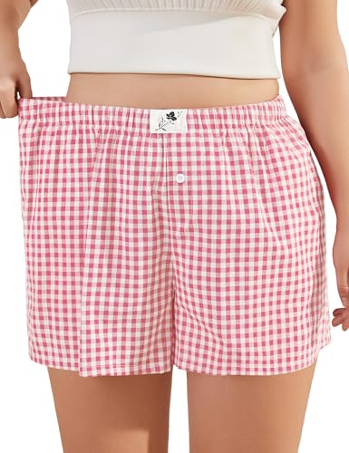 Image of COOTRY Plus Size Women Boxer Shorts Cotton Plaid Gingham Shorts Casual Pajama Sleep Shorts Y2K Beach Bottoms
