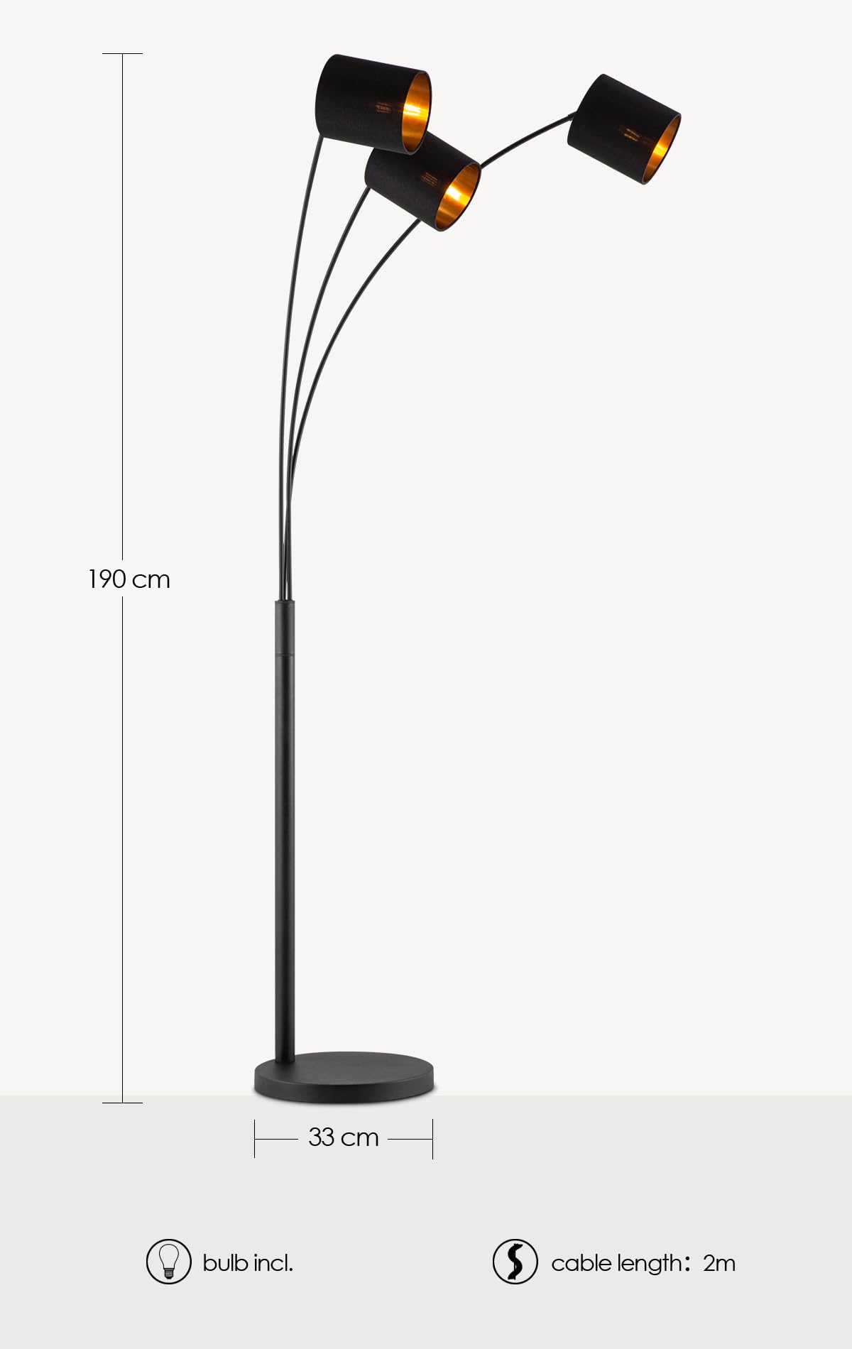 Home Sweet Home Bogenlampe 3 Flammig Schwarz Gold | Moderne Stehlampe Wohnzimmer 190cm | Verstellbare Bogenleuchte E27 inkl. 3x 9W LED Leuchtmittel | Stabile Standleuchte Industrial