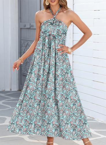 Image of Dokotoo Women's Summer Dresses Halter Neck Sleeveless Backless Flowy A Line Boho Maxi Dress