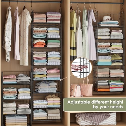Image of Hanging Closet Organizer and Storage - 8 Tier Closet Hanging Organizer Shelves, Metal & Foldable Hanging Storage Organizer Baskets with Adjustable Dividers for Clothing Sweaters Shoes Handbags