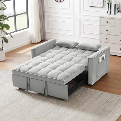 TURRIDU 55\'\' Convertible Sleeper Sofa Bed, 3 in 1 Velvet Pull Out Couch Bed with Adjustable Backrest, 2 Lumbar Pillows & 2 Side Pockets, Futon Loveseat Sofa for Living Room Apartment Office (Gray) - Thumbnail 4