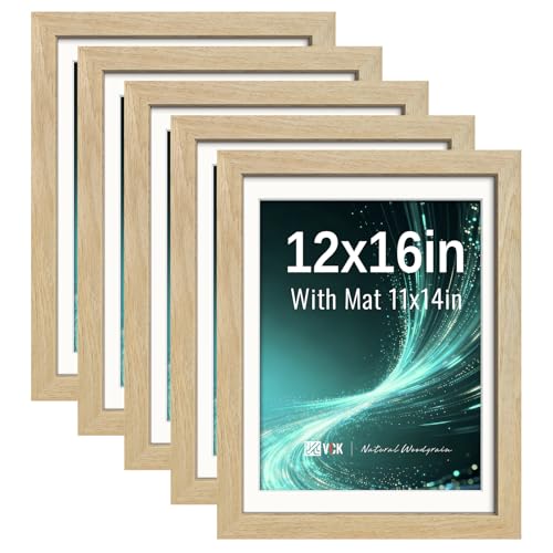 Image of VCK 12x16 Picture Frame 5 Pack, Natural Exclusive Wood, HD Glass, for Photo
