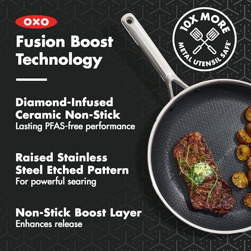 Image of OXO Hybrid 12 inch Nonstick Stainless Steel Frying Pan, PFAS-Free Ceramic Skillet, Fusion Boost Tech for Powerful Searing, Induction & All Cooktop Compatible, Dishwasher Safe, Mirror Polished Tri-Ply