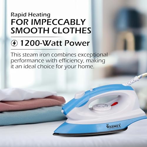 Image of WARMEX 1200 Watt Spray or Dry Iron for Clothes, Steam Iron Press, 50 ml Water tank & Non-Stick Soleplate, On /OFF Indicator Light with Overheat Safety Protection | 2 Year Warranty | (Blue)
