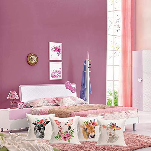 Doitely Set Of 4 Animal Head With Flower Series Cotton Linen Throw Pillow Covers Black White Goat Cattle Pig Decorative Cushion Cover 18X18 Inches For Bedroom Sofa #TOP1
