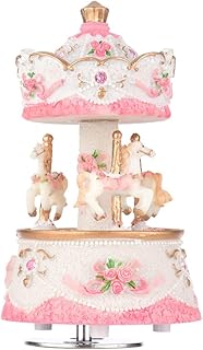Laxury Windup - Caja de música de carrusel de 3 caballos, diseño de castillo en el cielo, color rosa, morado, azul y dorado