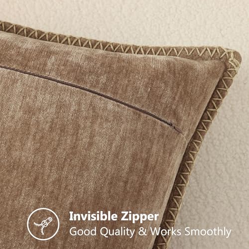 Image of decorUhome Fall Chenille Soft Cozy Throw Pillow Covers 22x22 Set of 2, Modern Farmhouse Boho Velvet Decorative Euro Sham Pillow Cases with Stitched Edge for Couch Sofa Bed Home Decor, Brown