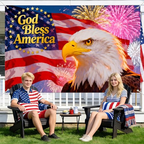 Image of IVN God Bless America Backdrop Banner 71 x 43 Inch Patriotic Bald Eagle USA Flag Fireworks Background Photo Booth Backdrop 4th of July Independence Day Memorial Day Veterans Day Indoor Outdoor Decor