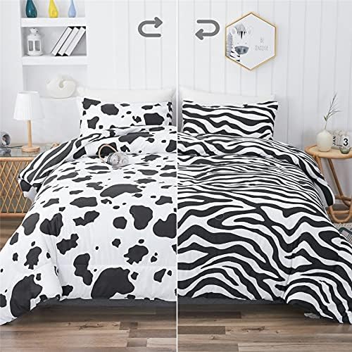 PHANTASIM Cow Print Bedding Comforter Set Twin, Black White All Season Reversible Zebra Comforter Set Cute Animal Print Down Alternative 3 Piece Kids Bedding Sets with 2 Pillowcases for Girls Boys