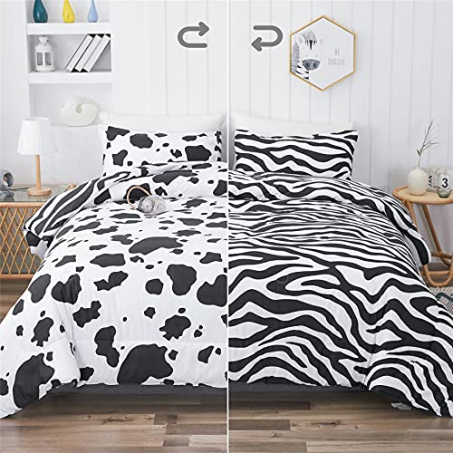 PHANTASIM Cow Print & Zebra-Stripe Printed Comforter Set,Queen Size Bed Black & White All Season Reversible Kids Bedding Set,3 Piece Bedding Set with 2 Pillowcases