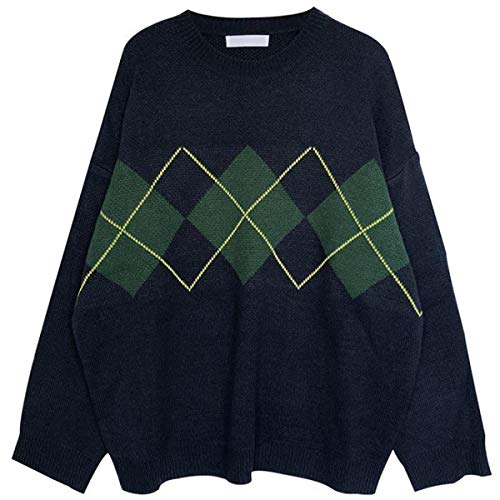 VANGULL Geometric Pattern Sweater Argyle Plaid Loose Knitted Pullover Women's Autumn Crewneck Knitwear Blue