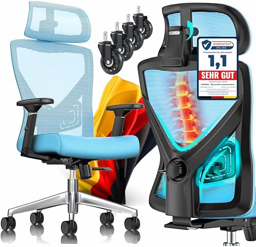 KESSER® Bürostuhl Ergonomisch mit verstellbaren Armlehnen | Drehstuhl mit Lendenwirbelstütze Rückenschonend | Schreibtischstuhl mit Kopfstütze | Office Chair Wippfunktion bis 125° mit 5X Gummirollen