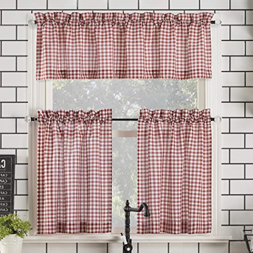 No. 918 Parkham Farmhouse Plaid Semi-Sheer Rod Pocket Kitchen Curtain Valance and Tiers Set, 54' x 24', Red/White