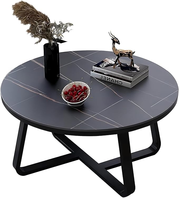 Image of Round Center Table for Living Room with Stylish & Modern Design: Elegant Gold Metal Coffee Table with Engineered Wood Top and Golden Iron Frame for Modern Dcor(Full Black)