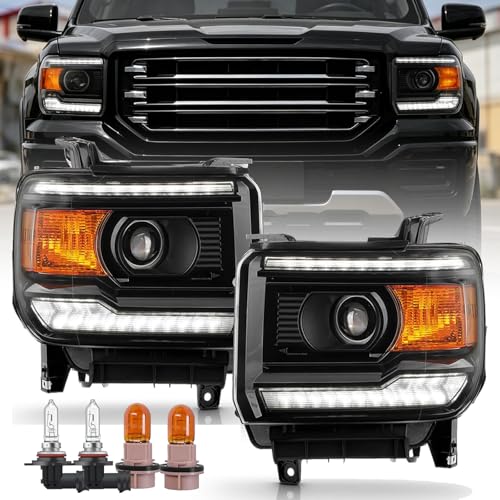 Headlights with LED DRL & Bulbs compatible with 2014 2015 2016 2017 2018 GMC Sierra 1500 15-19 Sierra 2500HD 3500HD Head lights Headlamp Assembly L+ R OE# GM2503394 GM2502394 GM2503390 GM2502390