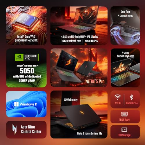 Image of Acer Nitro 5 Pro, Intel Core i7-14650HX, Office 2024+M365 Basic, NVIDIA GeF RTX 5050-8GB, 16GB RAM /1TB SSD, (16 inch) WUXGA IPS, 165Hz /73Whr, Win 11H, Dark Grey, 2.5Kg, AN5P16-74G2, RGB KB, Gaming Laptop