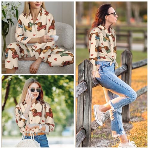 Image of Women'S Long Sleeve Pajama Set Soft Loungewear Button-Down Top & Elastic Waist Pants S- 2XL