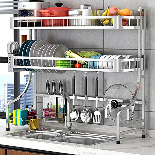 2 Tier Geschirrtrockner über Spüle, rostfrei Abtropffläche Regal Organizer Edelstahl Geschirrkorb Küchentheke Silber 64cm (25inch)
