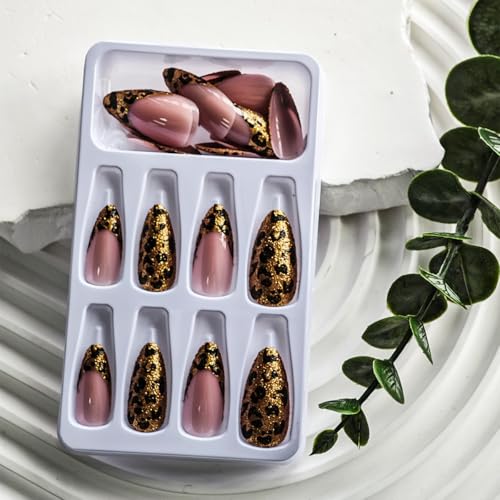 Image of Leopard Press on Nails Gold Glitter Fake Nails Medium Almond False Nail with Design Nude Glue on Nails Artificial Acrylic Full Cover French Tip Stick on Nail for Women Nail Art Decoration 24Pcs